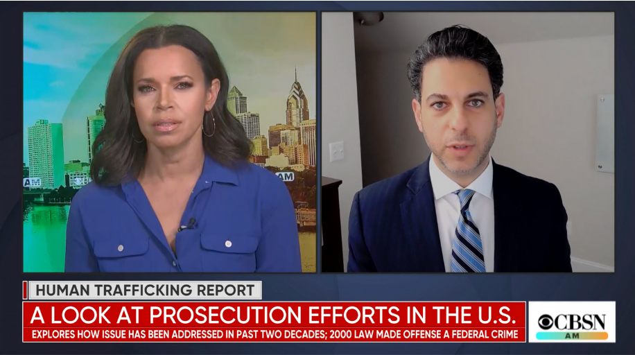 Victor Boutros on a live CBS interview with Anne-Marie Green|Chart showing the top pre-existing vulnerabilities reported in 2020 active human trafficking cases.|Icon saying "20 Year Trends"|3 Pie charts showing victim nationality in 2020 active criminal cases.|Pie chart showing schemes in 2020 active sex trafficking cases.