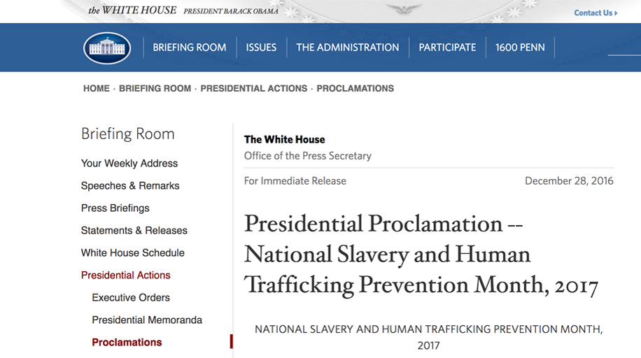 President Obama Makes Proclamation for National Slavery and Human Trafficking Prevention Month